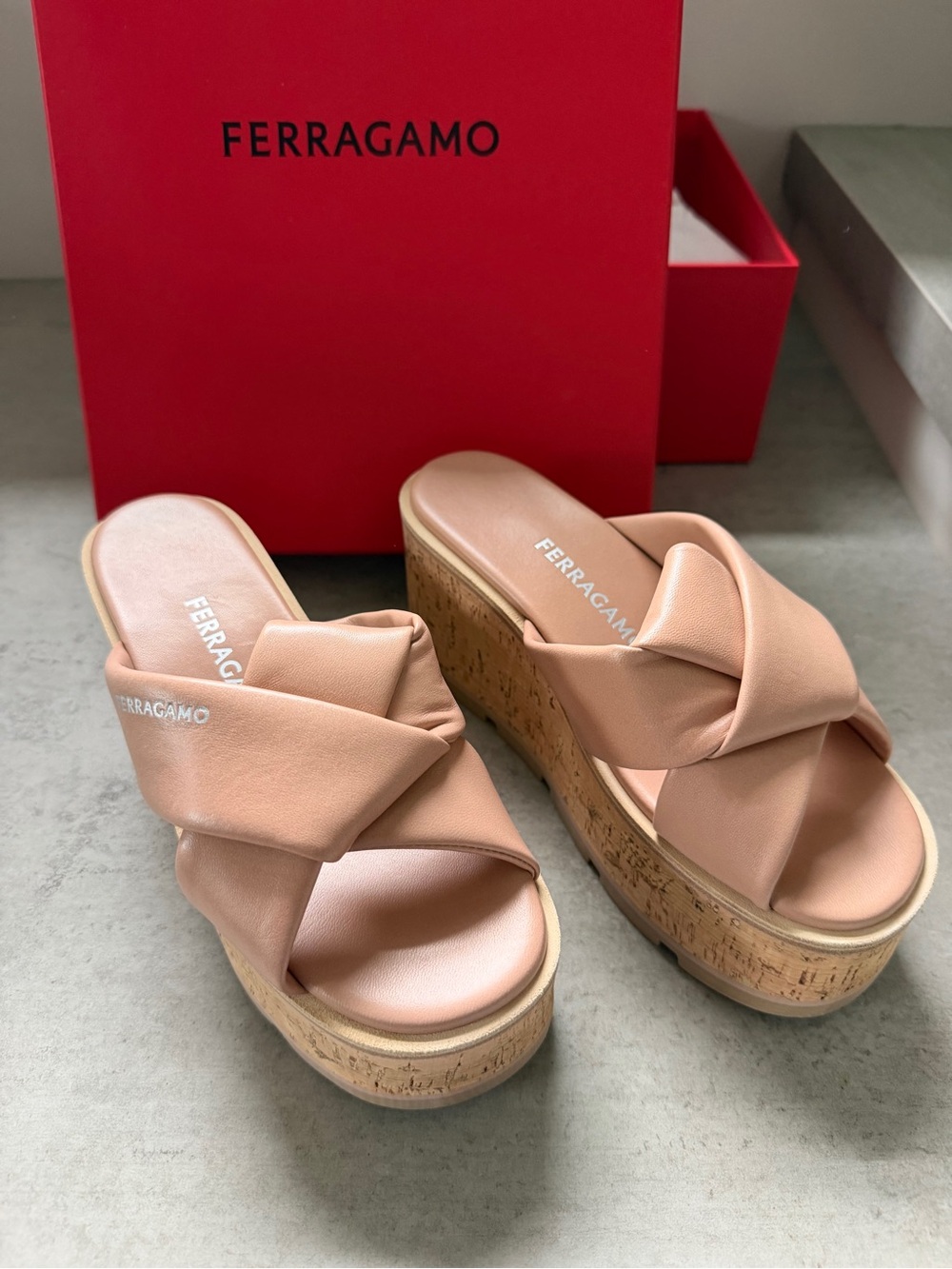 Salvatore Ferragamo Blush Pink Cork Wedge Slide Sandals